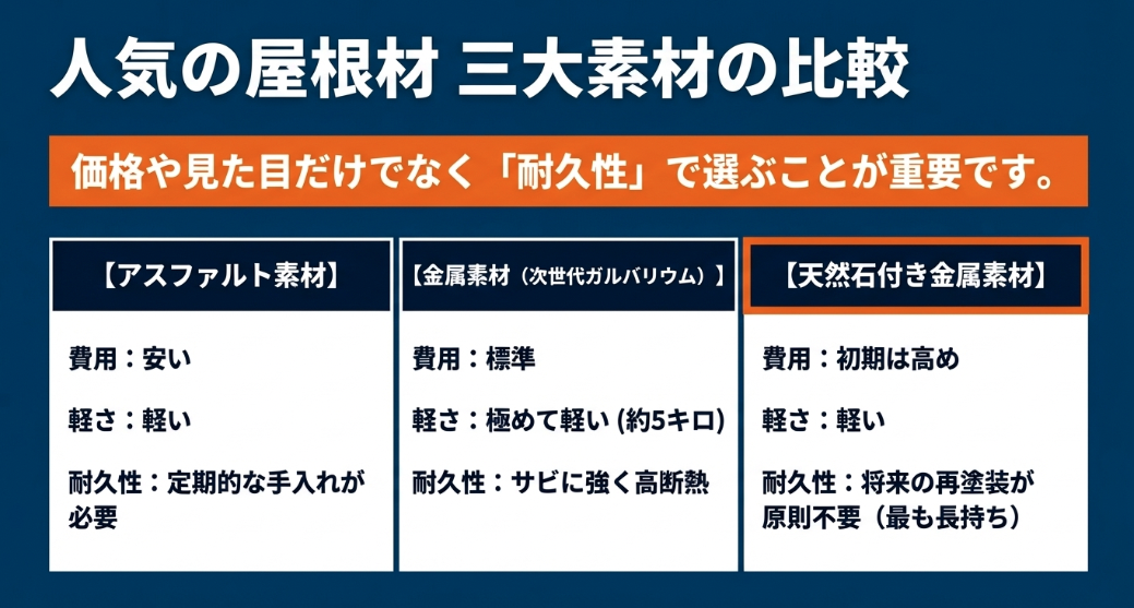 アスファルト素材、金属素材、天然石付き金属素材の費用、軽さ、耐久性を比較した一覧表