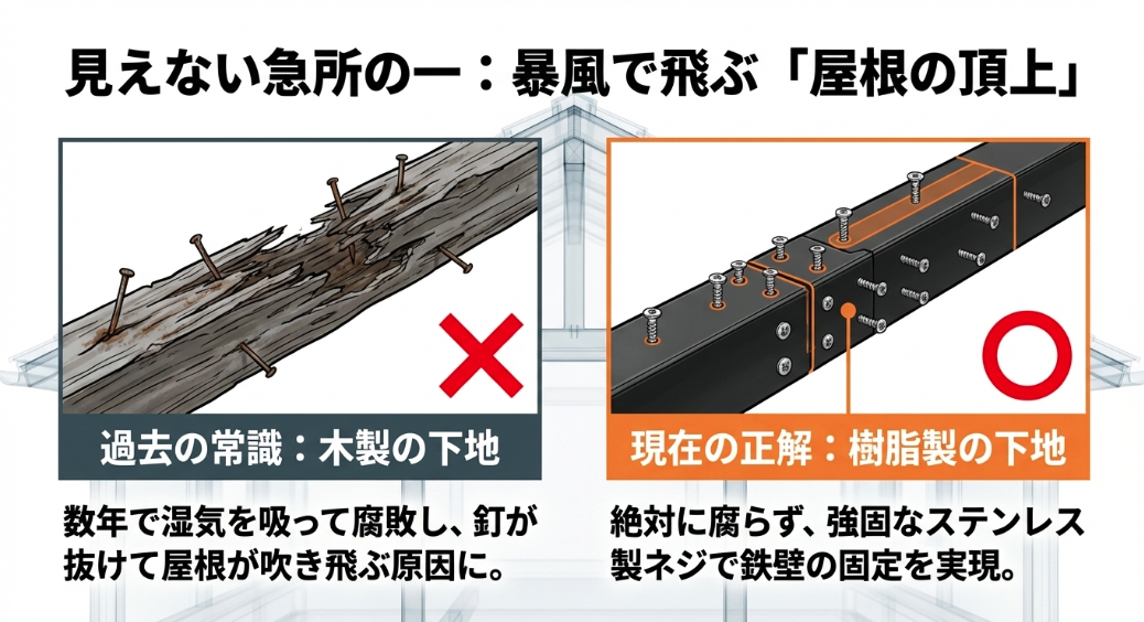 腐敗して釘が抜ける木製下地と、腐らずステンレス製ネジで強固に固定できる樹脂製下地の比較図
