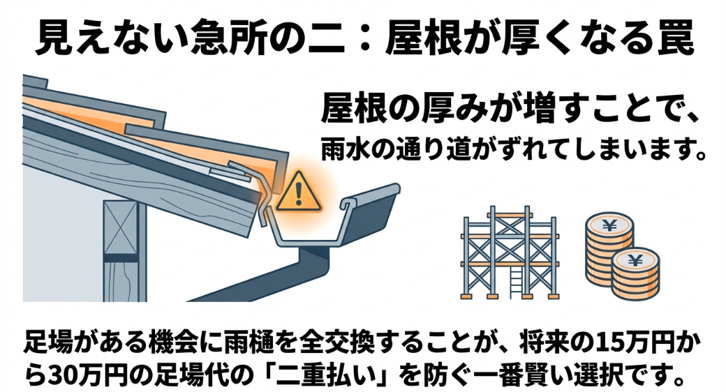 屋根の厚みが増すことで雨水の通り道がずれる罠と、足場がある機会に雨樋を全交換して二重払いを防ぐ重要性の解説