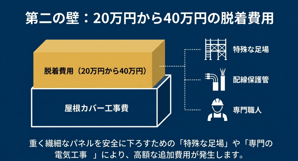 重く繊細なパネルを安全に下ろすための特殊な足場や専門の電気工事により、20万円から40万円の高額な追加費用が発生することを示すスライド