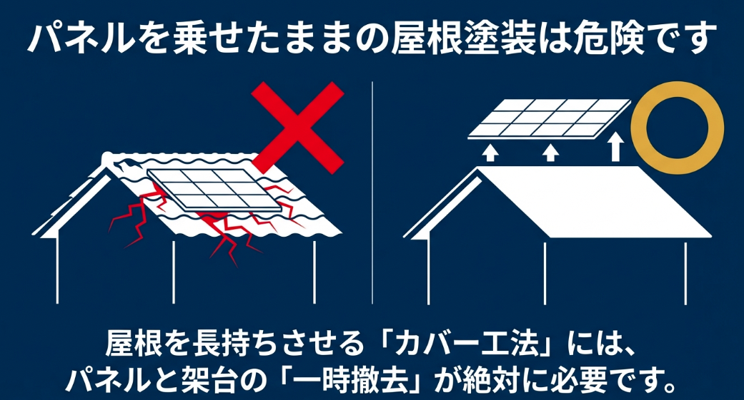 屋根塗装時にパネルを乗せたままにするのは危険であり、カバー工法にはパネルと架台の一時撤去が絶対に必要であることを示す図解