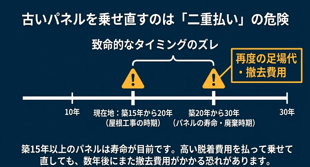 築15年から20年の屋根工事の時期と築20年から30年のパネル寿命の時期のズレにより、撤去費用の二重払いが発生する危険性を説明したタイムライン図