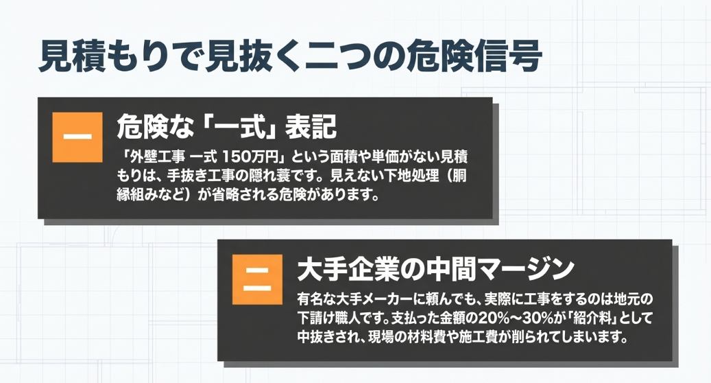 危険な一式表記と大手企業の中間マージンという、見積もり時に見抜くべき2つの危険信号を解説したスライド