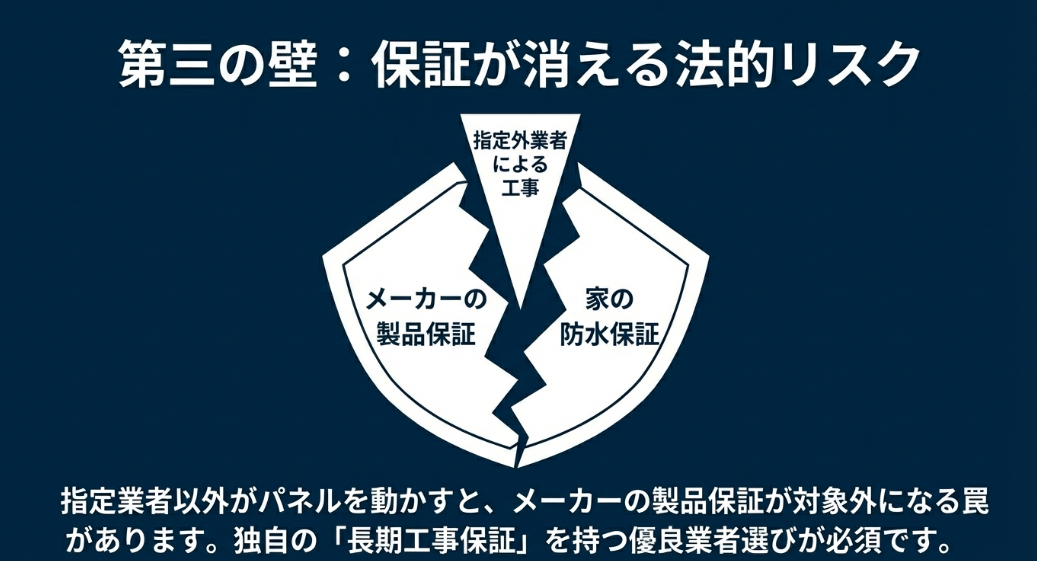 指定外業者による工事でメーカーの製品保証や家の防水保証が対象外になる法的リスクを示す割れた盾の図解