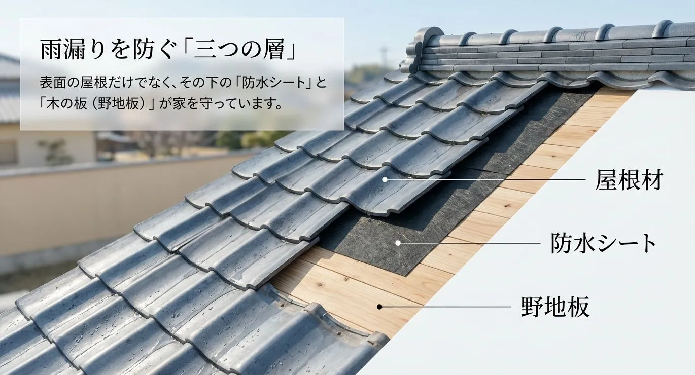 屋根材、防水シート、野地板の3層が重なって家を守る仕組みを図解したスライド