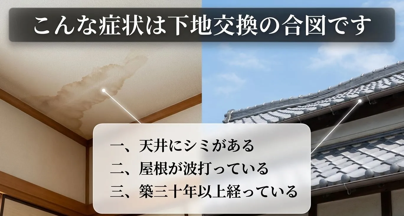 天井のシミ、屋根の波打ち、築30年以上経過という、屋根下地の交換を検討すべき3つの症状を紹介するスライド