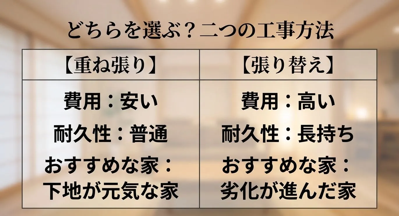 重ね張りと張り替えの工法について、費用、耐久性、適した家の状態を比較した表のスライド