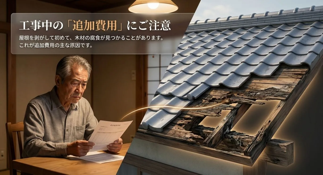 屋根を剥がした際に見つかる木材の腐食が、工事の追加費用が発生する主な原因であることを説明するスライド