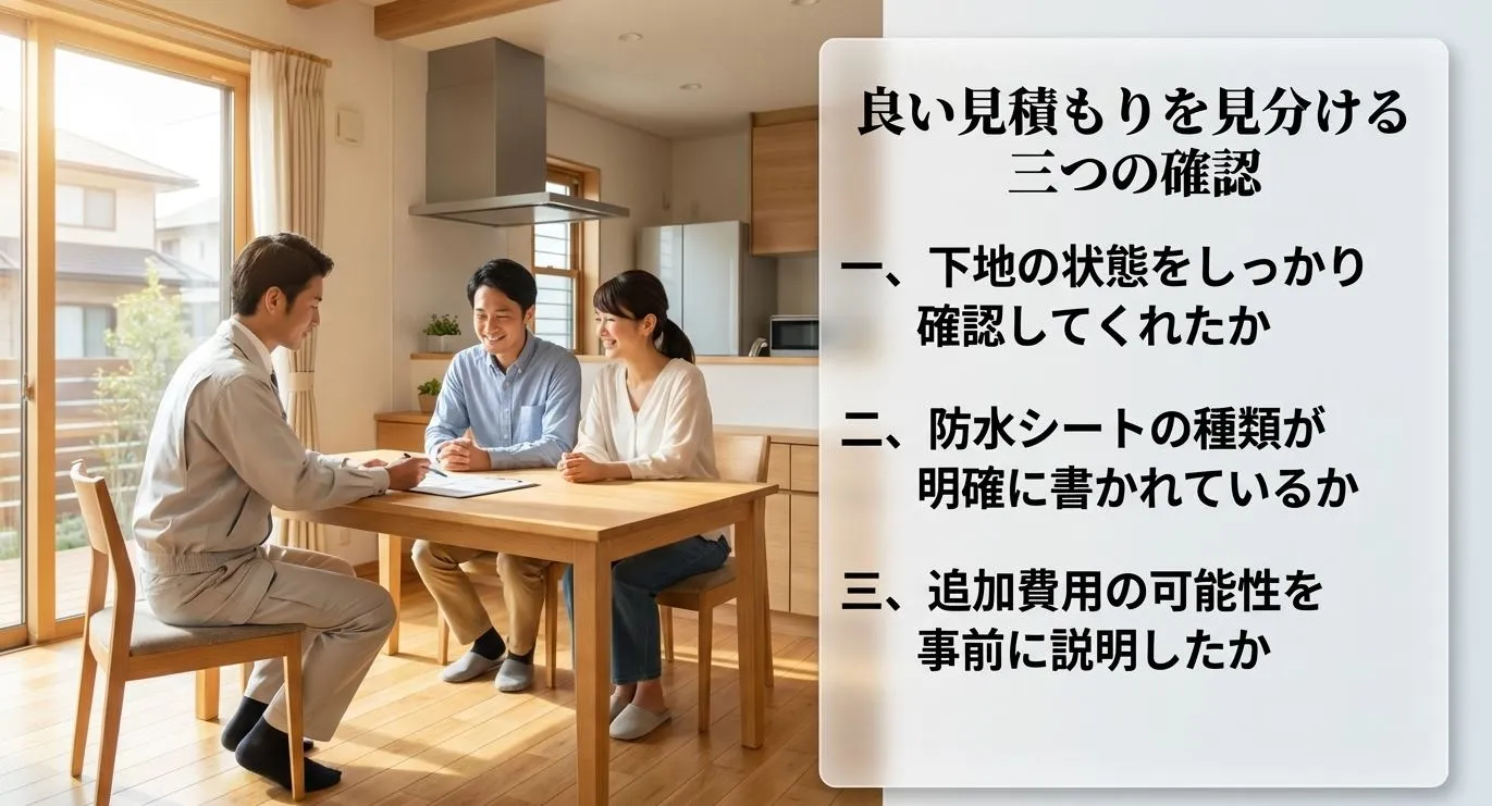 下地の確認状況、防水シートの種類、追加費用の事前説明の3点を確認することを推奨するスライド