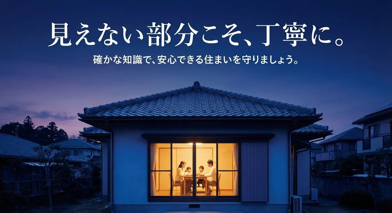 家族が団らんする様子と、見えない部分を丁寧に補修することの大切さを伝える結びのスライド